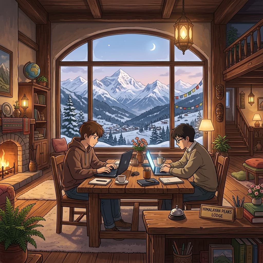 Two hoteliers working at a front desk in the Himalayas — Studio Ghibli aesthetic.