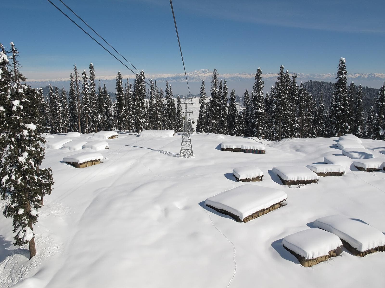 The cables of the Gulmarg Gondola over snow-covered huts and pine trees.