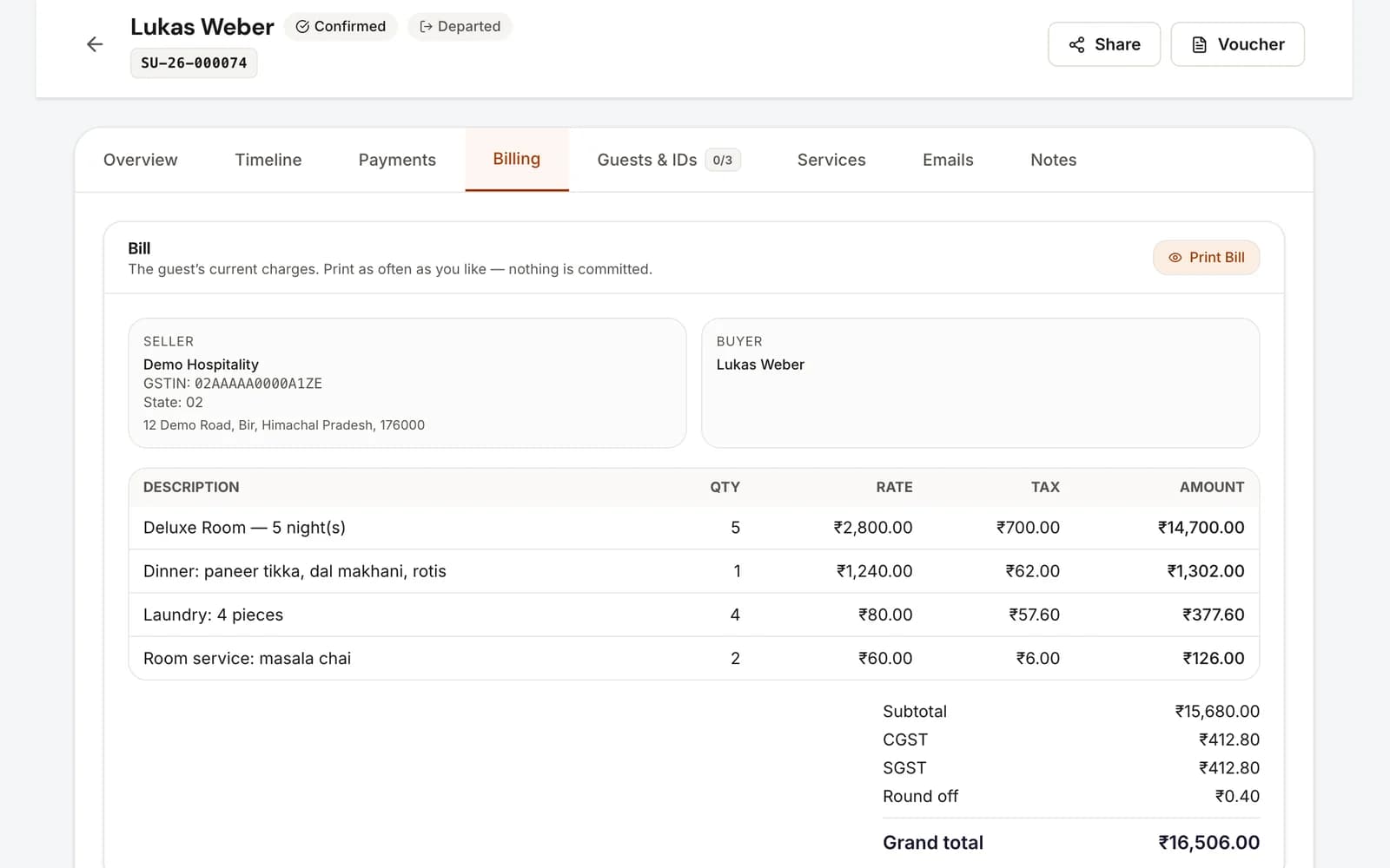 SutraStack hotel billing software, the Billing tab of a stay: the guest's bill with the room, a restaurant dinner, laundry and room-service chai, the tax on each line, then CGST, SGST and the grand total.