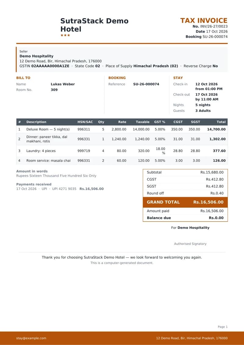 The GST tax invoice SutraStack printed for that stay: number INV/26-27/0023, the hotel's GSTIN, a SAC code on each line, CGST, SGST and the grand total.