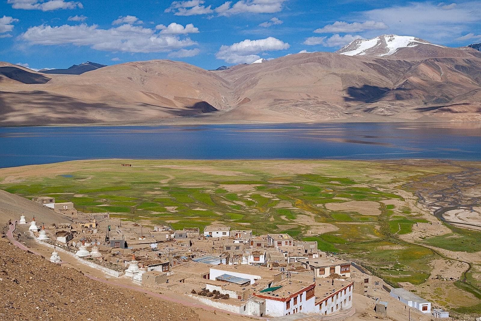 The village of Korzok above the shore of Tso Moriri, with brown mountains and a snow peak beyond.
